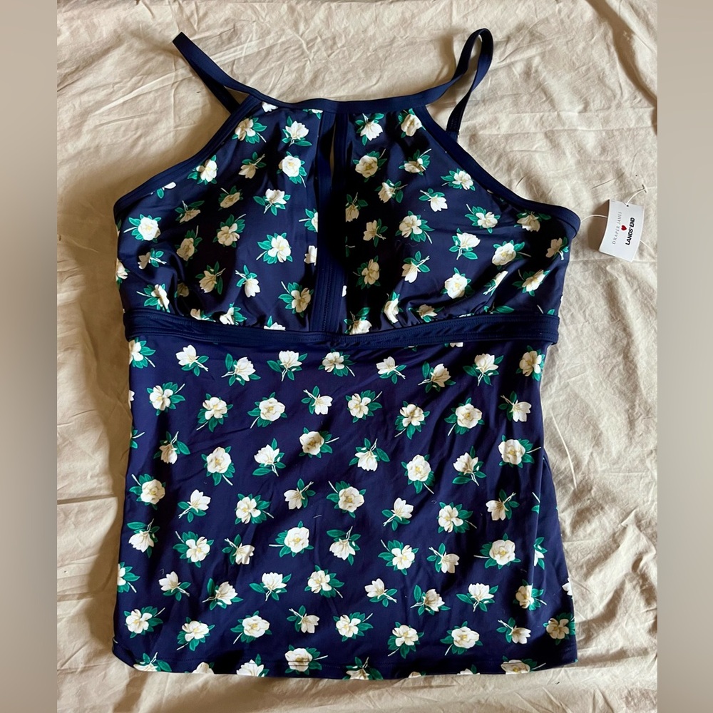 Lands' End Draper James Navy Blue Magnolia Floral Tankini Swim Top Size 16 NWT